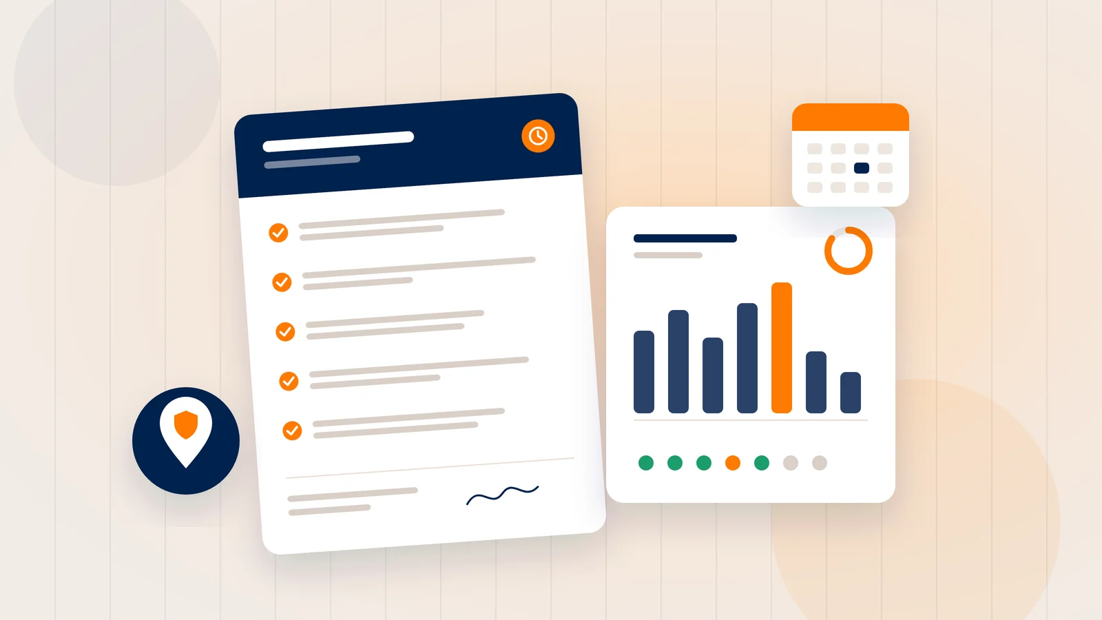 Illustration of an attendance policy checklist beside an attendance dashboard with a weekly chart, a schedule calendar and a location privacy badge