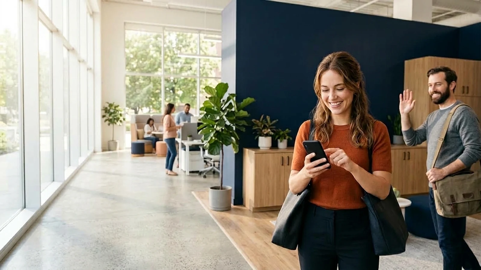 A modern small-business team arriving at work in a bright, sunlit office, with an employee using a mobile phone to record shift attendance
