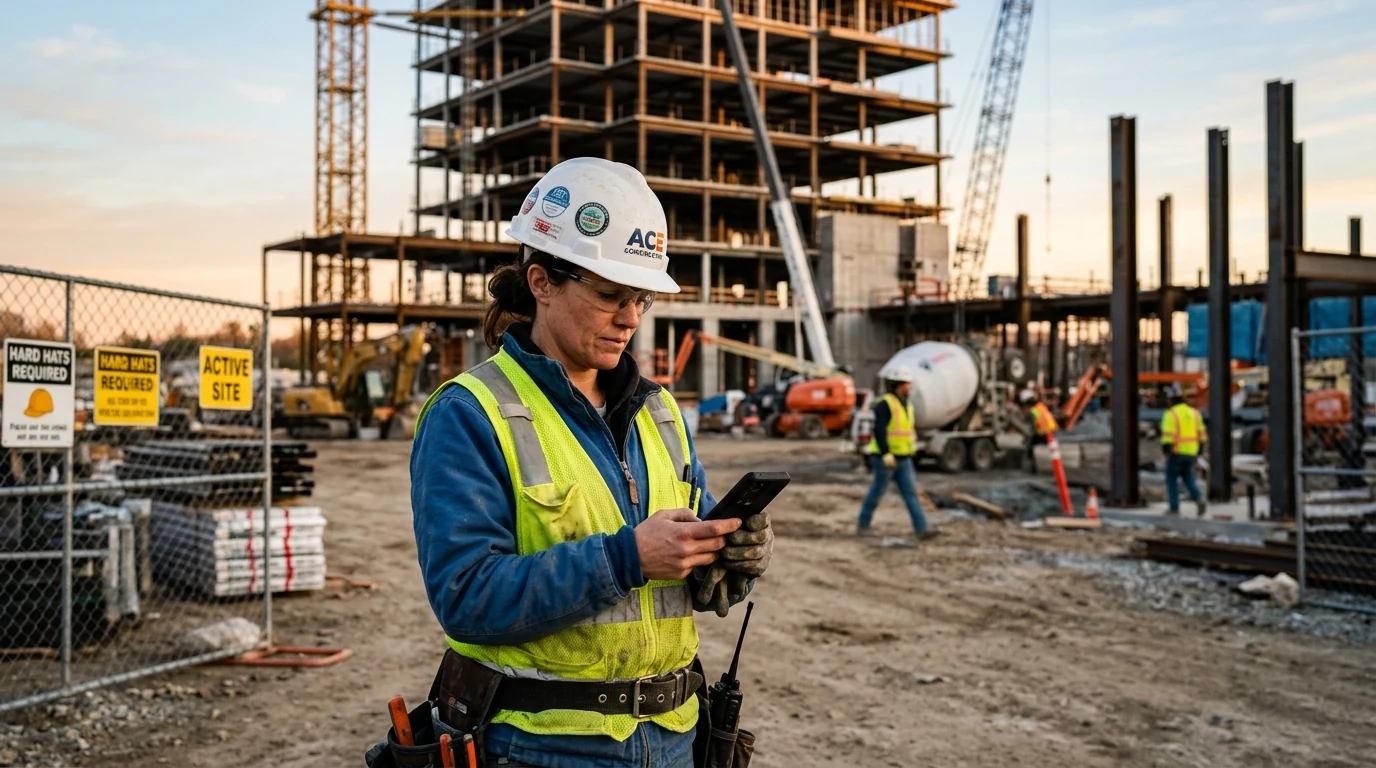 Field service technician wearing protective safety gear reviewing shift attendance on a smartphone at an active outdoor job site