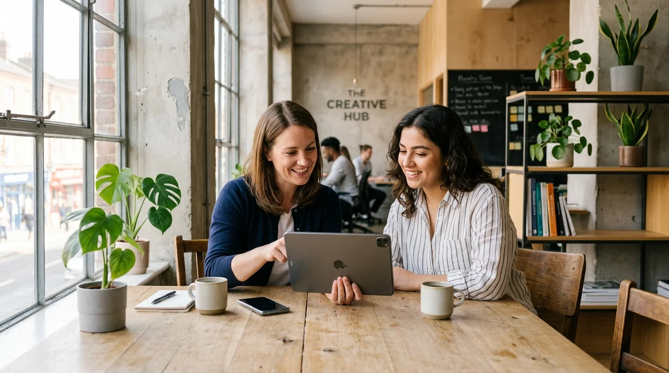 Small business operations manager and team member reviewing attendance logs collaboratively on a tablet and phone in a bright modern office