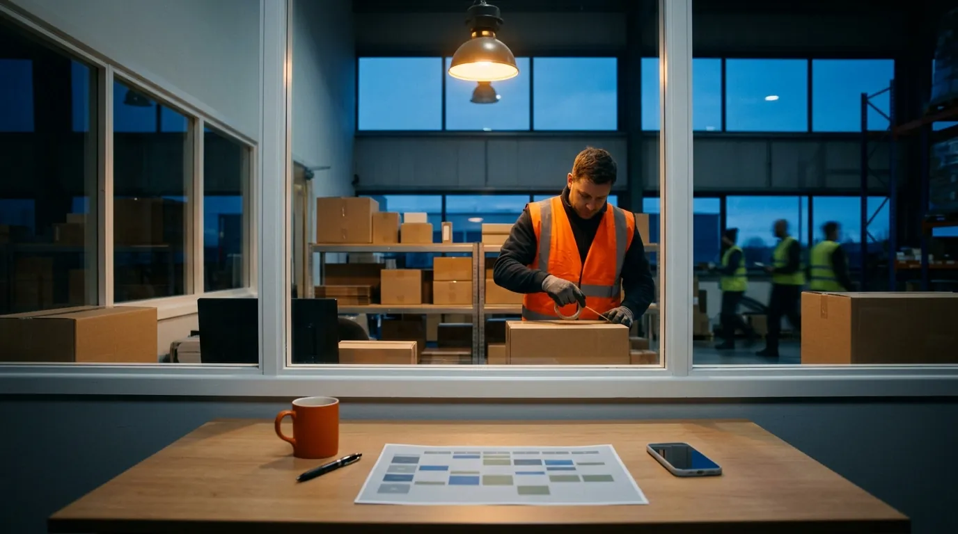 A warehouse worker in an orange hi-vis vest taping a parcel in the evening, seen through an office window, with a colour-coded weekly roster on the desk in front