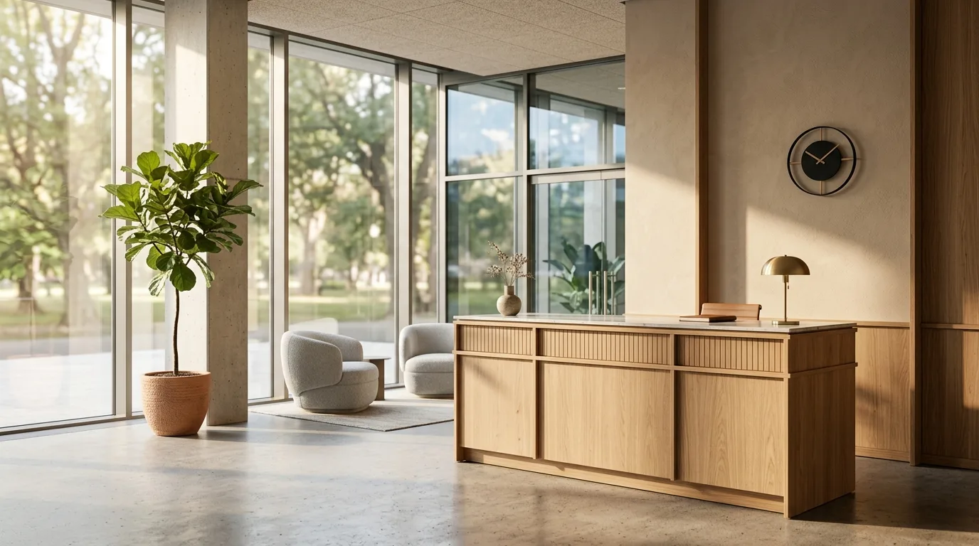 Modern minimalist office reception and arrival area in soft morning sunlight with architectural desk and wall clock