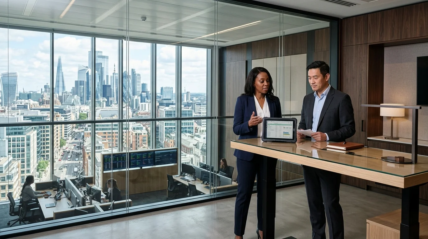 Operations leaders reviewing synchronized multi-branch workforce metrics in an executive office setting