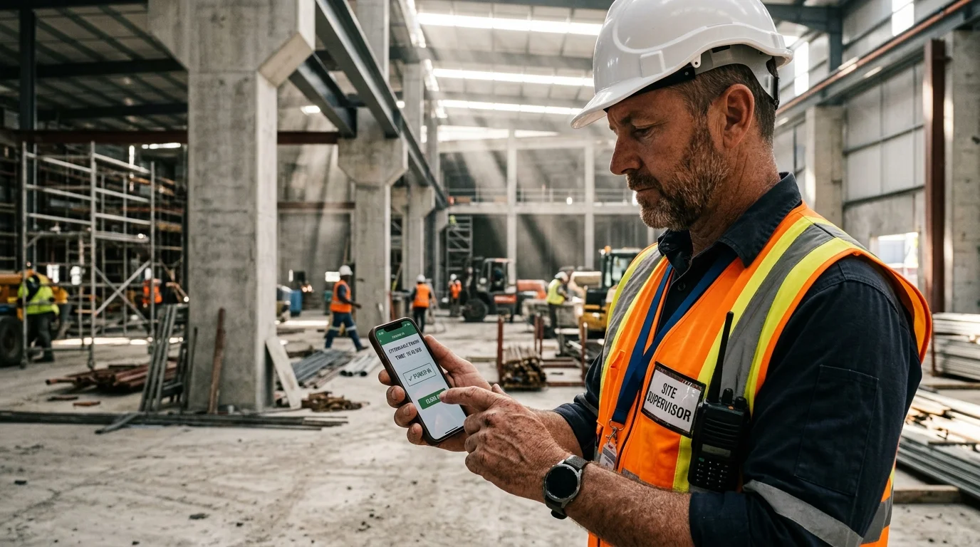 Construction site supervisor wearing high-visibility vest and hard hat recording shift attendance on a smartphone at an industrial building site