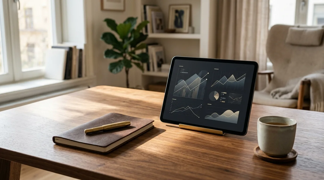 Executive desk setting with organized financial reports and a digital tablet displaying reconciled payroll timesheet data