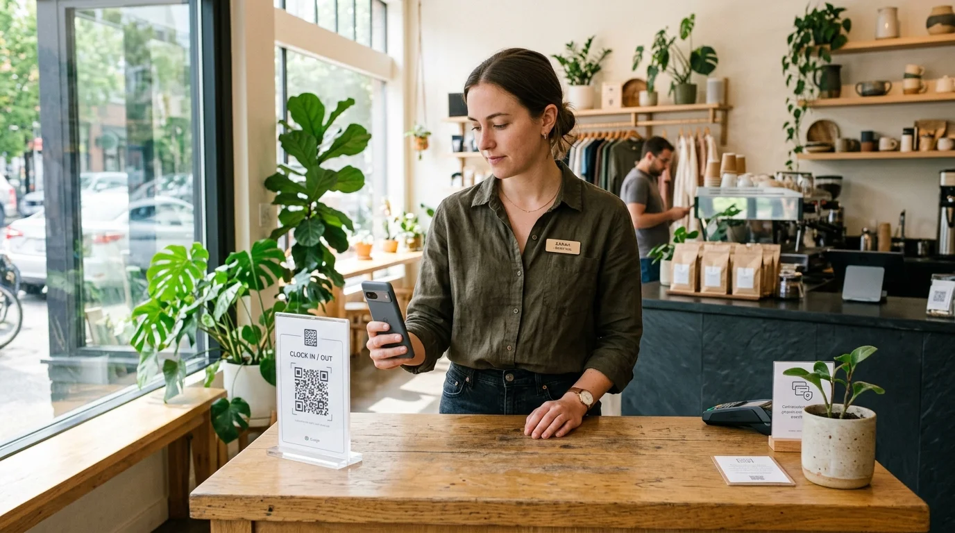 Retail employee scanning an acrylic QR code stand with a smartphone at a reception desk to slide in for work