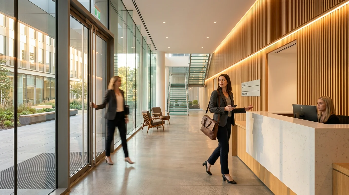 Modern professionals in a sleek workplace lobby demonstrating transparent, accountable digital check-in on a smartphone