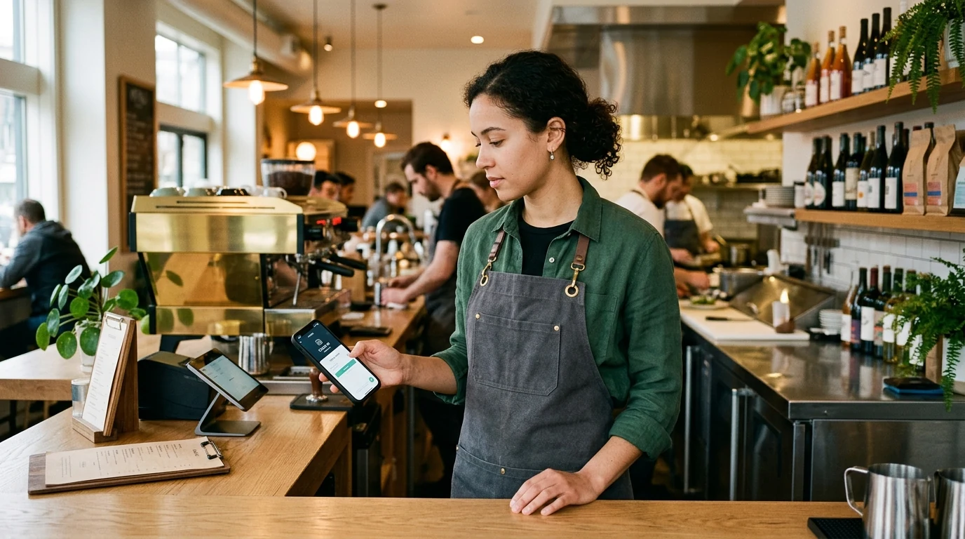 Restaurant barista and prep cook in matching aprons using a mobile phone to slide in for work behind a modern wooden cafe service counter