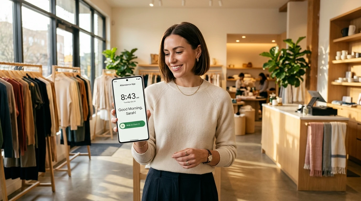 Retail boutique associate and store manager using a mobile attendance app to clock in at store opening in an upscale contemporary shop