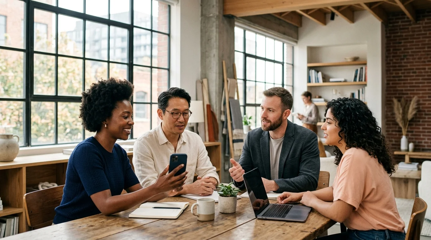A diverse small creative and operations team collaborating around a table in a modern studio workspace