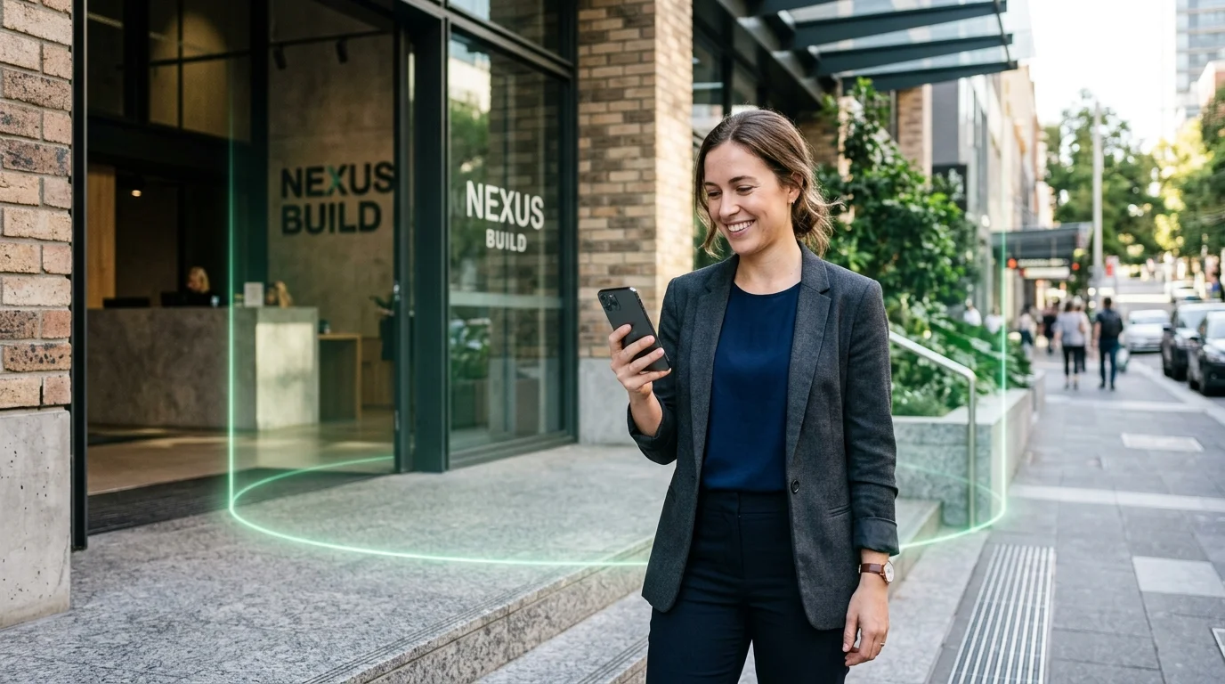 Professional employee using a mobile time clock app with GPS geofencing verification at a modern workplace entrance