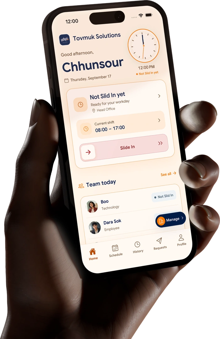 Real SlidesClock app home screen showing today’s shift, Slide In, and team status