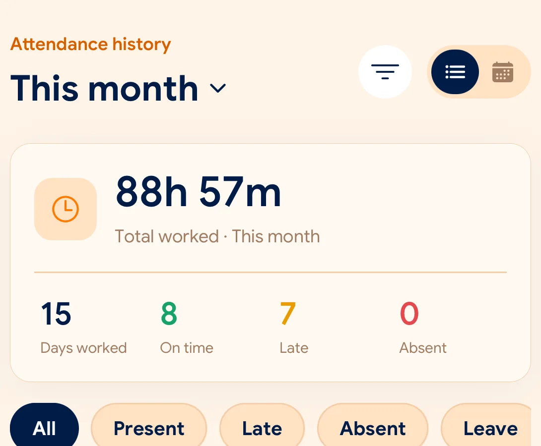 SlidesClock monthly attendance history: hours worked, days on time, late and absent