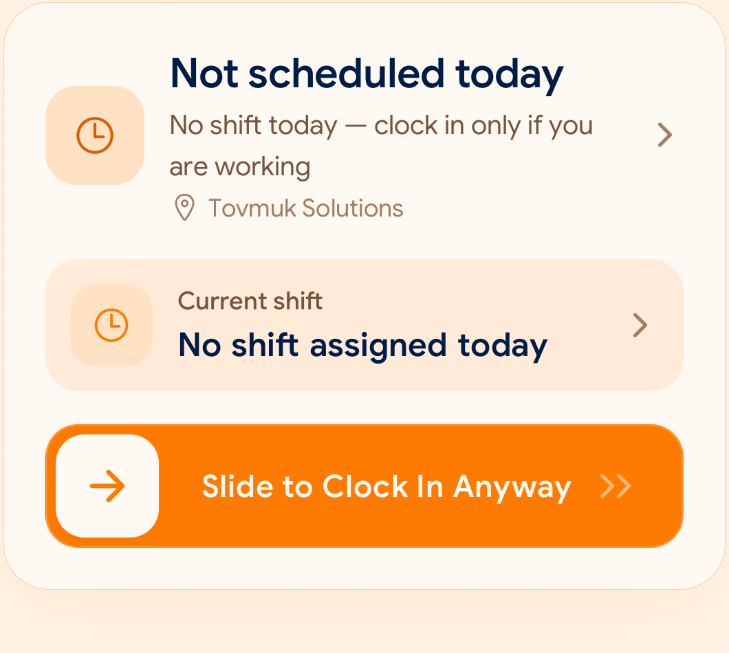 SlidesClock mobile clock-in screen showing shift status and the slide to clock in control