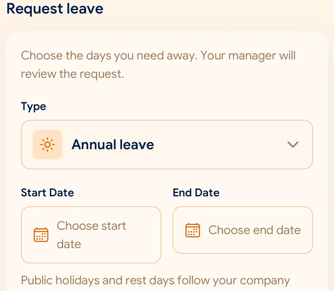 SlidesClock leave request form with dates, leave type and reason