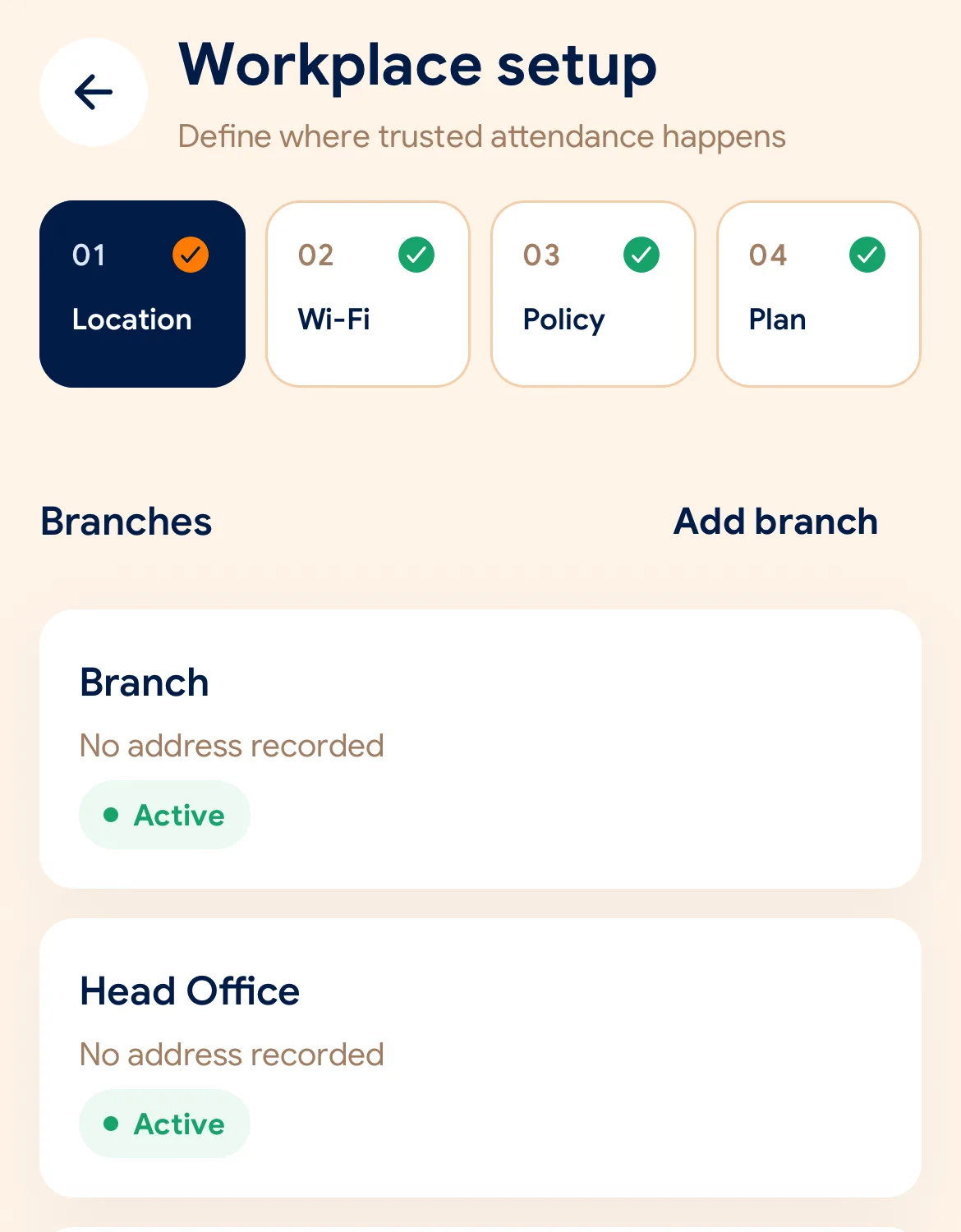 SlidesClock workplace setup: location, Wi-Fi, policy and plan steps, with the company’s branches listed