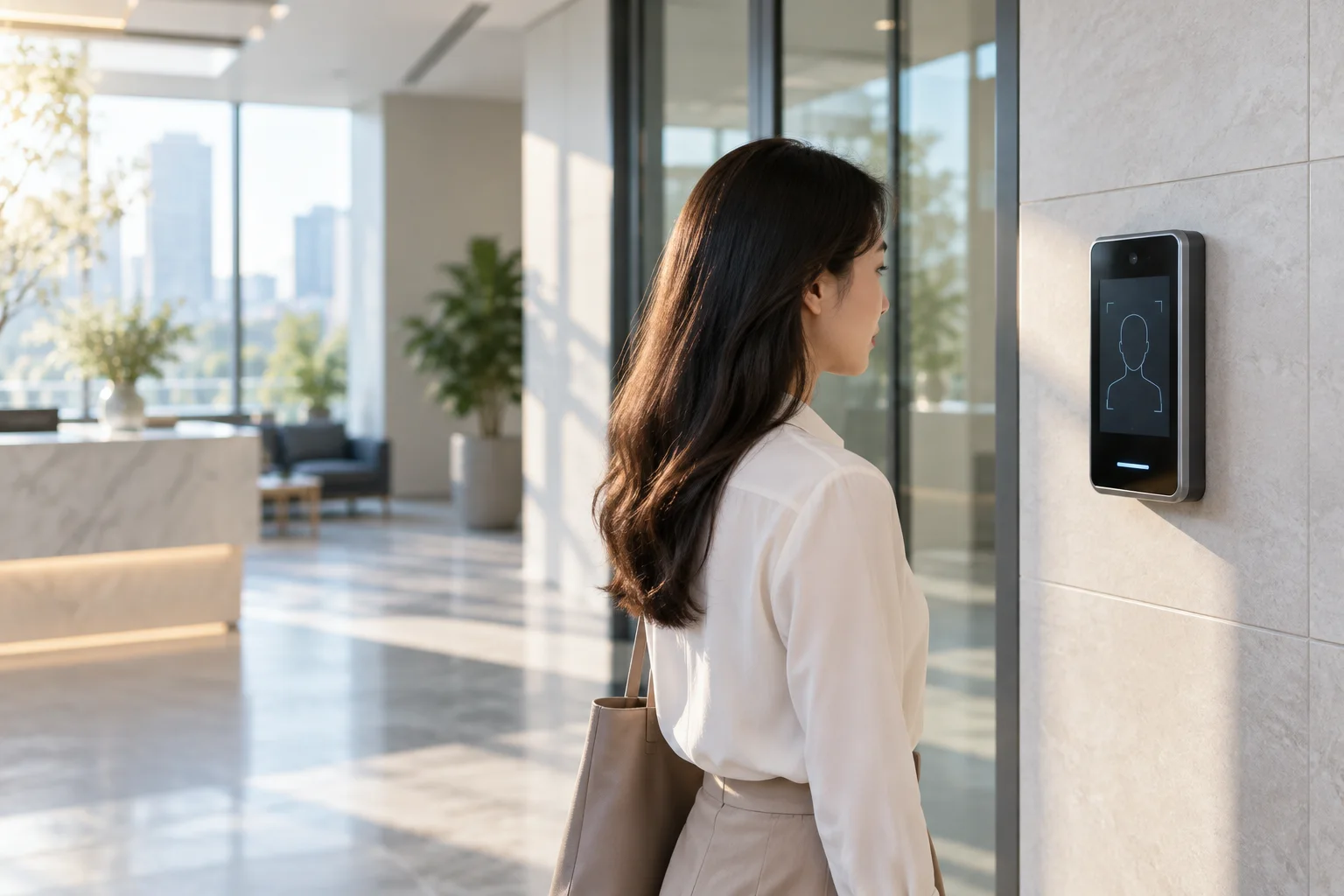 Illustration of an employee standing before a generic wall-mounted face attendance terminal