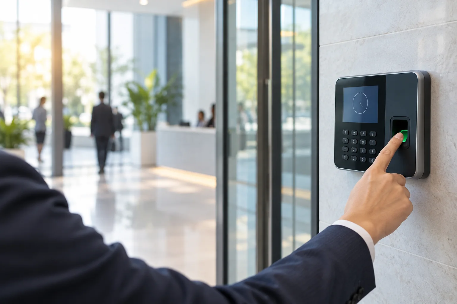 Illustration of an employee pressing a generic wall-mounted fingerprint attendance terminal