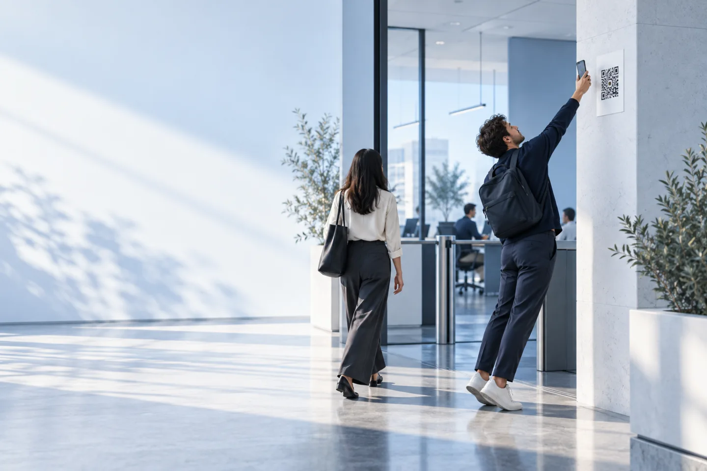 Illustration of an employee stretching to scan a generic workplace QR poster