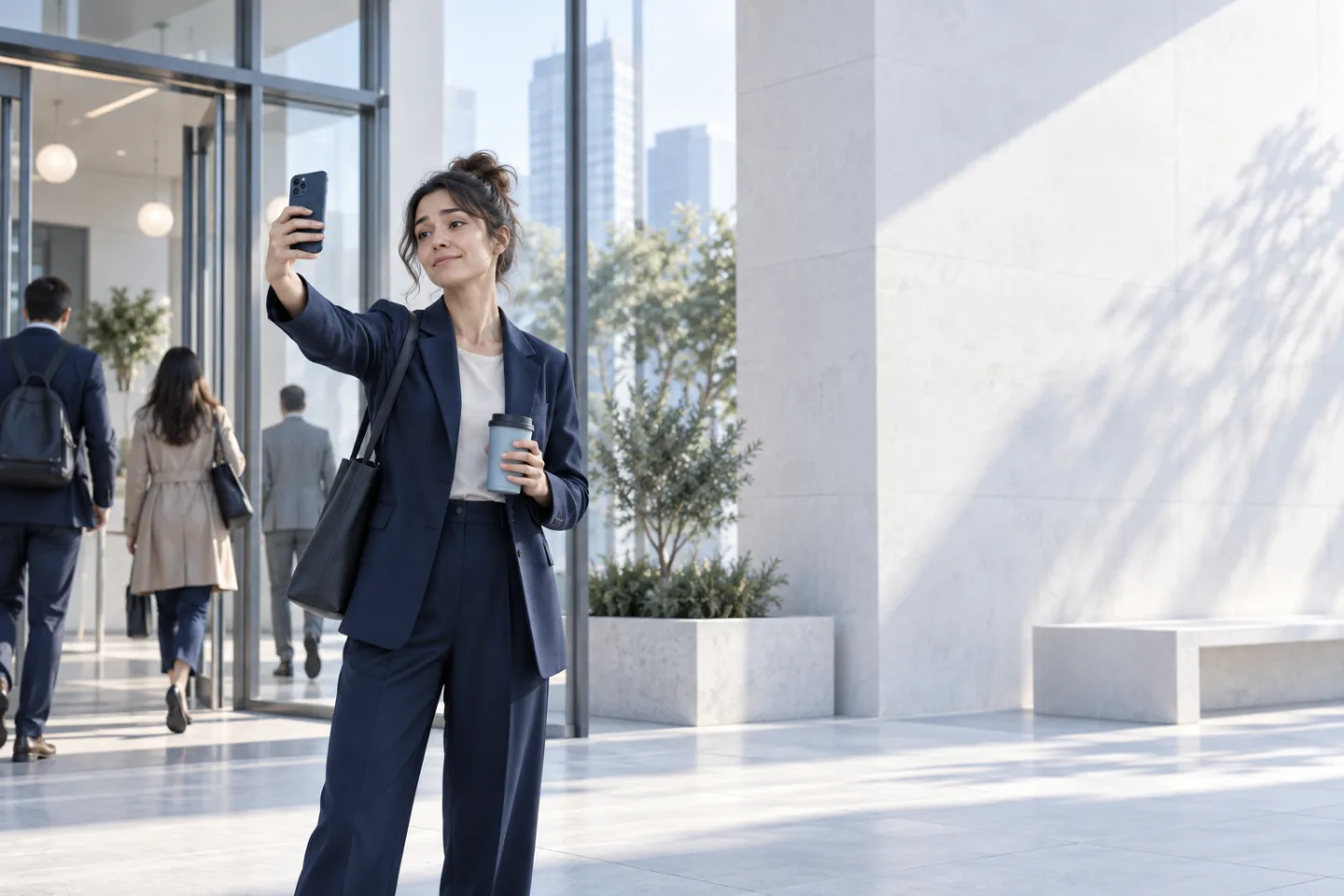 Illustration of an employee taking a check-in selfie outside the workplace